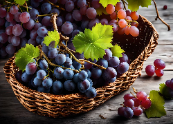 Różowe, Fioletowe, Winogrona, Listki, Koszyk