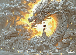 Fantasy, Biały, Smok, Kobieta, Drzewa