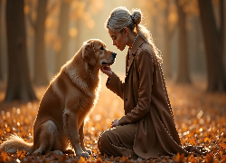 Kobieta, Blondynka, Płaszcz, Pies, Golden retriever, Jesień