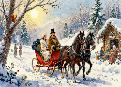 Zima, Sanie, Konie, Ludzie