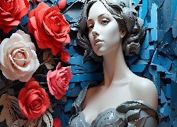 Grafika, Kobieta, Kwiaty, Róże
