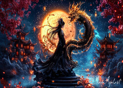 Kobieta, Smok, Jezioro, Skały, Drzewa, Domy, Księżyc, Fantasy