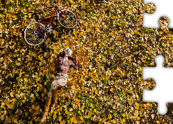 Jesień, Liście, Kobieta, Rower