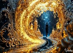 Fantasy, Droga, Kobieta, Wieżowce, Latarnie