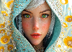 Kobieta, Blondynka, Kaptur, Kwiaty, Biżuteria, Grafika