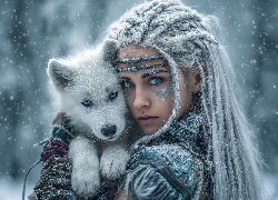 Kobieta, Długie, Włosy, Mały, Wilk, Śnieg