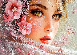 Kobieta, Piwne, Oczy, Kwiaty, Grafika AI