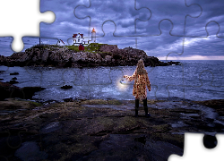 Morze, Skały, Latarnia morska, Nubble Lighthouse, Kobieta, Lampa, Cape Neddick, Stan Maine, Stany Zjednoczone