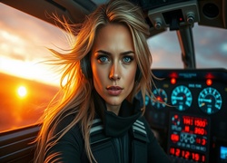 Kobieta, Blondynka, Pilot, Kokpit, Samolot, Zachód słońca, Grafika AI