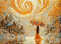 Grafika, Kobieta, Parasol, Rzeka, Domy