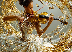 Kobieta, Biało-złota, Suknia, Skrzypce, Grafika AI