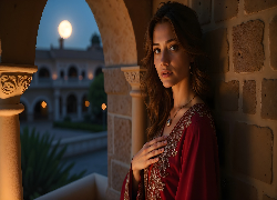 Kobieta, Czerwona, Bluzka, Mur