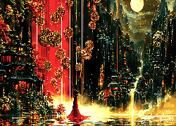 Fantasy, Kobieta, Skały, Świątynia, Księżyc, Drzewa
