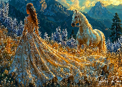 Góry, Polana, Kobieta, Suknia, Kwiaty, Koń, Grafika