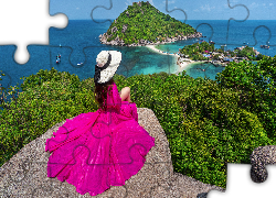 Kobieta, Kapelusz, Różowa, Sukienka, Drzewa, Skały, Morze Andamańskie, Wyspy, Tajlandia
