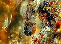 Kobieta, Kimono, Kwiaty, Włosy, Biały, Koń