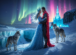 Kobieta, Korona, Mężczyzna, Wilki, Zorza polarna, Zima, Fantasy