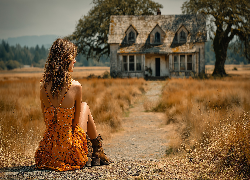 Kobieta, Letnia, Sukienka, Ścieżka, Dom