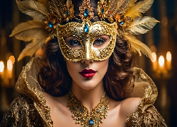 Kobieta, Maska, Karnawałowa, Biżuteria, Pióra
