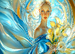 Kobieta, Niebieska, Suknia, Kwiaty, Kalie, Grafika