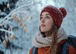 Zima, Kobieta, Czapka, Szal, Gałązki