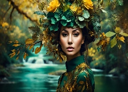 Kobieta, Zielona, Bluzka, Nakrycie, Głowy, Liście, Kwiaty