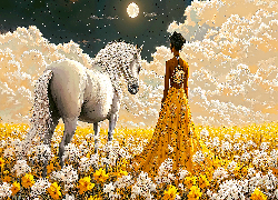 Kobieta, Koń, Łąka, Kwiaty, Chmury, Księżyc, Grafika