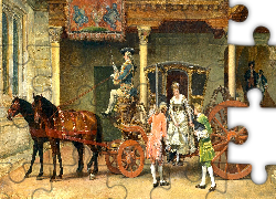 Malarstwo, Obraz, Ignacio Leon y Escosura, Zaprzęg konny, Konie, Karoca, Woźnica, Kobieta, Mężczyźni