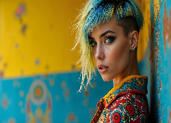 Kobieta, Kolorowa, Koszula, Asymetryczna, Fryzura