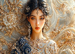 Grafika, Kobieta, Makijaż, Biżuteria, Kwiaty, Ornament