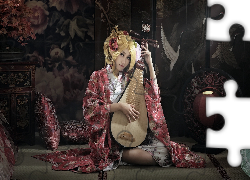Kobieta, Azjatka, Chiński, Instrument, Ludowy, Pipa
