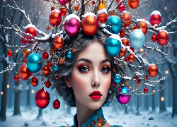 Kobieta, Twarz, Gałązki, Bombki