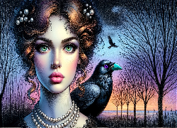 Kobieta, Naszyjnik, Perły, Kruk, Drzewa