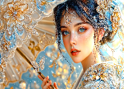 Kobieta, Parasolka, Kwiaty, Motyle, Grafika