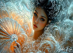 Grafika, Kobieta, Wachlarz, Pióra