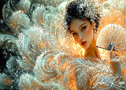 Kobieta, Wachlarz, Pióra, Grafika