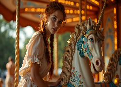 Kobieta, Karuzela, Jednorożec, AI