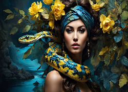 Kobieta, Kwiaty, Wąż, Grafika