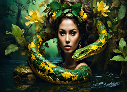 Kobieta, Wąż, Kwiaty, Liście