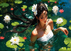 Grafika, Kobieta, Woda, Lilie wodne, Kwiaty