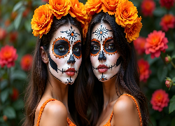 Kobiety, Twarz, Kwiaty, Bodypainting