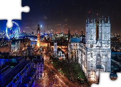 Anglia, Londyn, Opactwo Westminster, Kolegiata św. Piotra w Westminsterze, Big Ben, Koło obserwacyjne London Eye, Noc