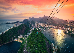 Brazylia, Rio de Janeiro, Góry, Morze, Miasto, Z lotu ptaka, Kolejka linowa, Wieżowce, Zachód słońca