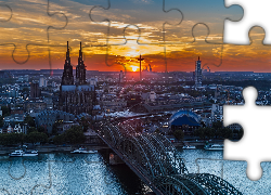 Rzeka Ren, Most Hohenzollernów, Katedra, Wschód słońca, Kolonia, Niemcy