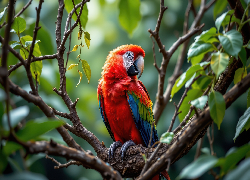 Ptak, Ara, Kolorowa, Papuga, Gałązki, Listki, Grafika AI