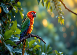 Ptak, Kolorowa, Papuga, Gałązka, Liście, Grafika AI