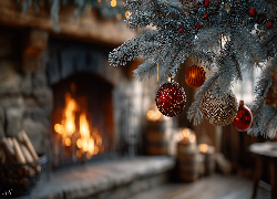 Boże Narodzenie, Choinka, Bombki, Kominek, Grafika AI