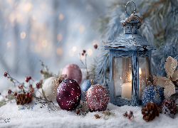 Boże Narodzenie, Bombki, Lampion, Świeca, Śnieg