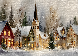 Domy, Drzewa, Zima, Grafika AI