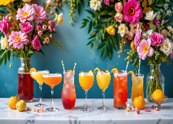 Kolorowe, Drinki, Kieliszki, Szklanki, Pomarańcze, Kwiaty, Wazony, Stół
